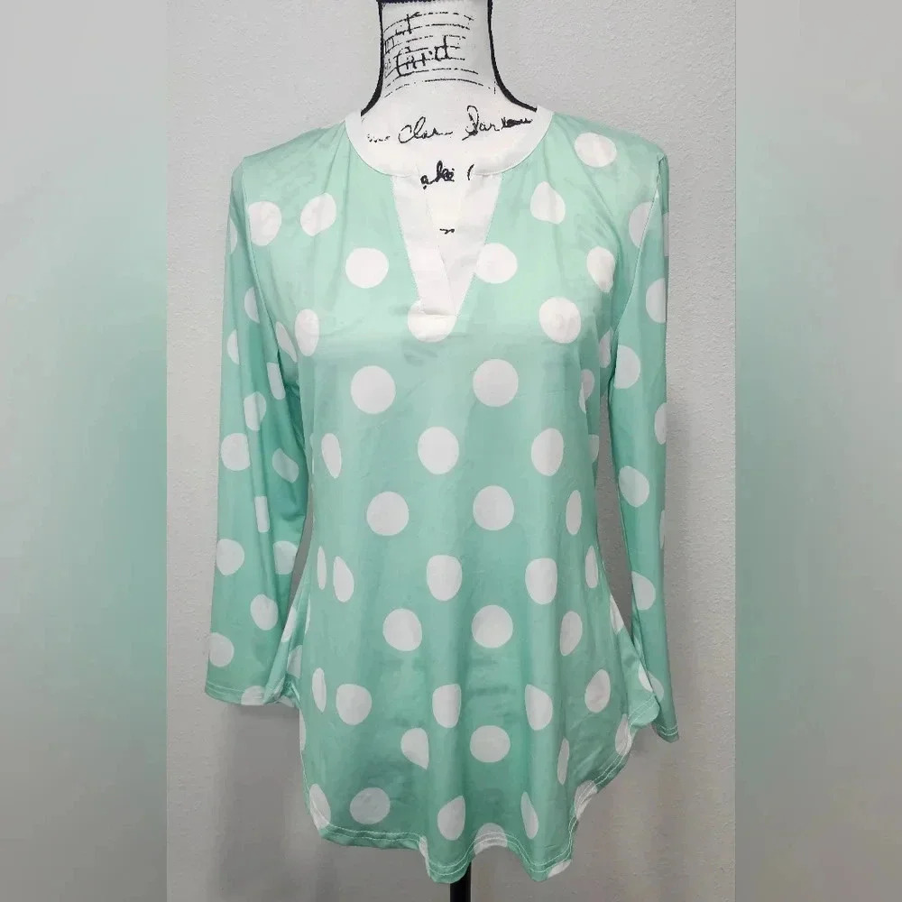 Lily by Firmiana Women's Green White Polkadot Long Sleeve V-Neck Blouse SZ M